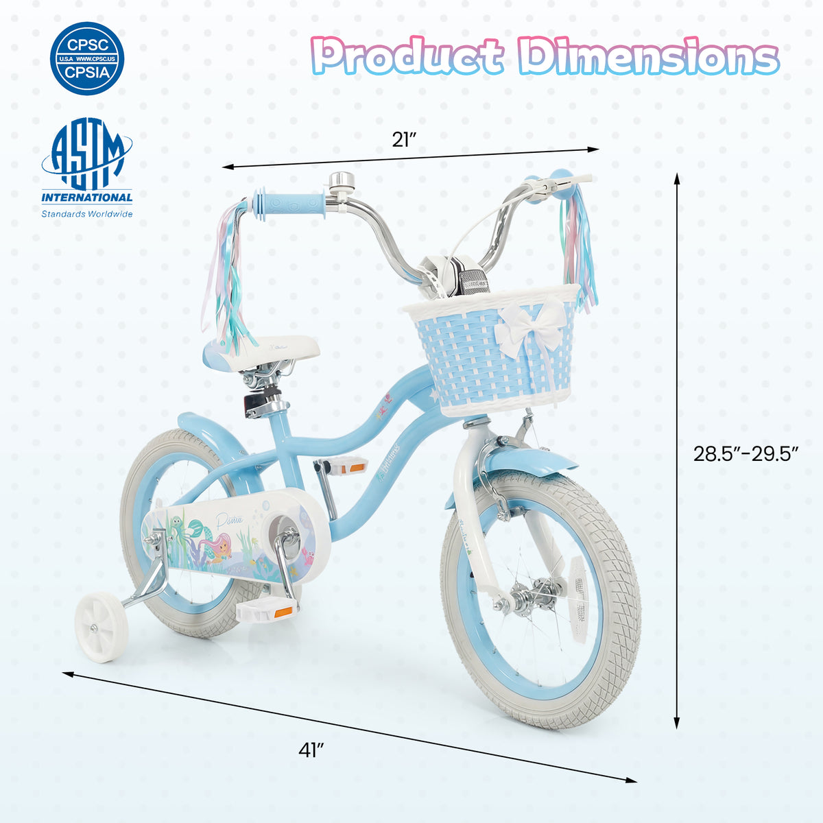 14 Inch Kids Bike Adjustable with Basket and Streamers Blue for Kids Aged 3-5 Years Old - Princess of the Sea Theme view 4