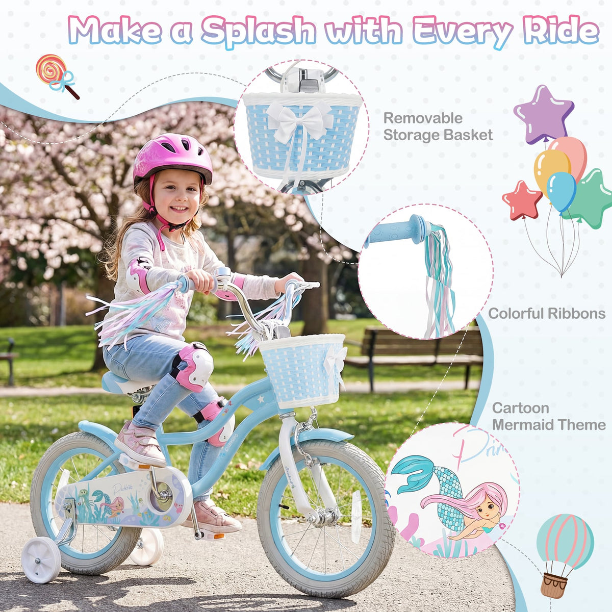 14 Inch Kids Bike Adjustable with Basket and Streamers Blue for Kids Aged 3-5 Years Old - Princess of the Sea Theme view 6