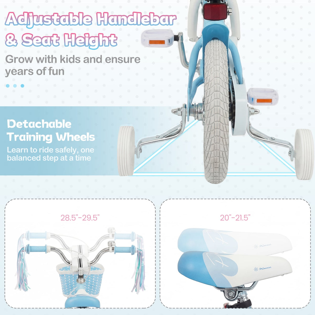 14 Inch Kids Bike Adjustable with Basket and Streamers Blue for Kids Aged 3-5 Years Old - Princess of the Sea Theme view 8