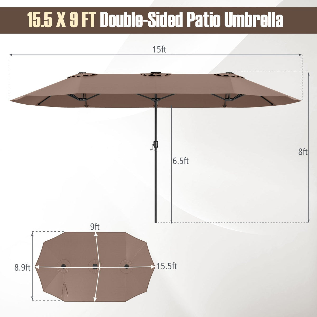 15.5 FT Extra-Large Patio Umbrella with LED Solar Lights and Crank Handle-Brown view 4