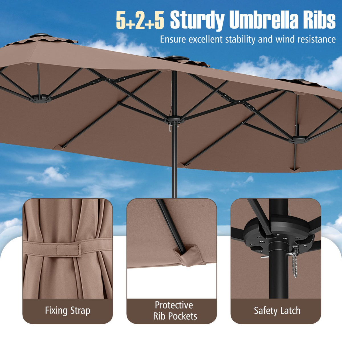 15.5 FT Extra-Large Patio Umbrella with LED Solar Lights and Crank Handle-Brown view 6