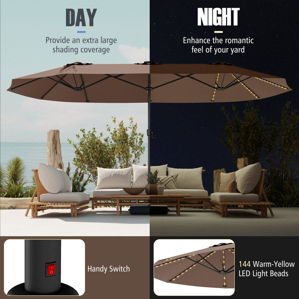 15.5 FT Extra-Large Patio Umbrella with LED Solar Lights and Crank Handle-Brown view 9