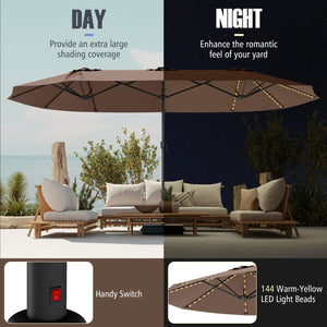 15.5 FT Extra-Large Patio Umbrella with LED Solar Lights and Crank Handle-Brown view 9