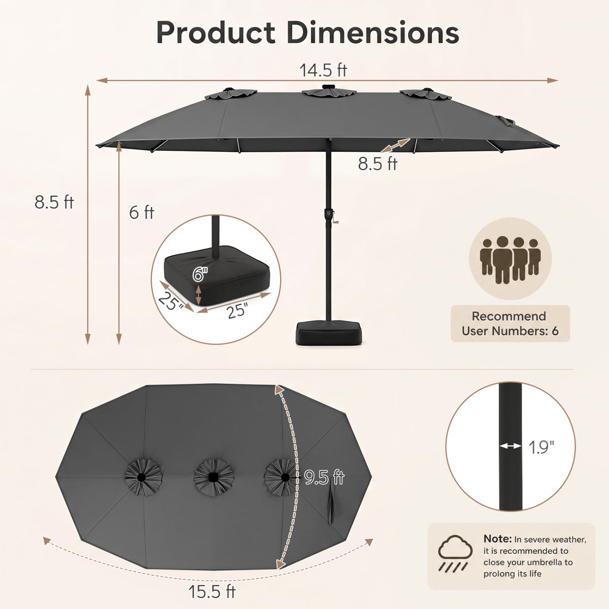 15.5FT Extra-Large Patio Umbrella with Base 12 Reinforced Ribs-Gray view 5