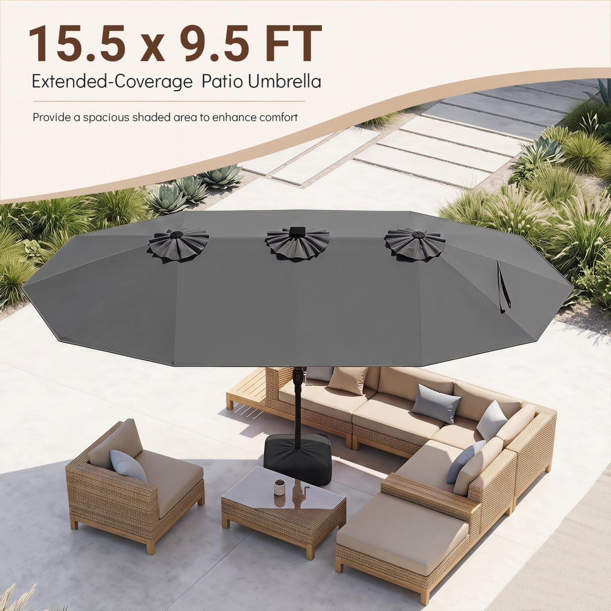 15.5FT Extra-Large Patio Umbrella with Base 12 Reinforced Ribs-Gray view 8