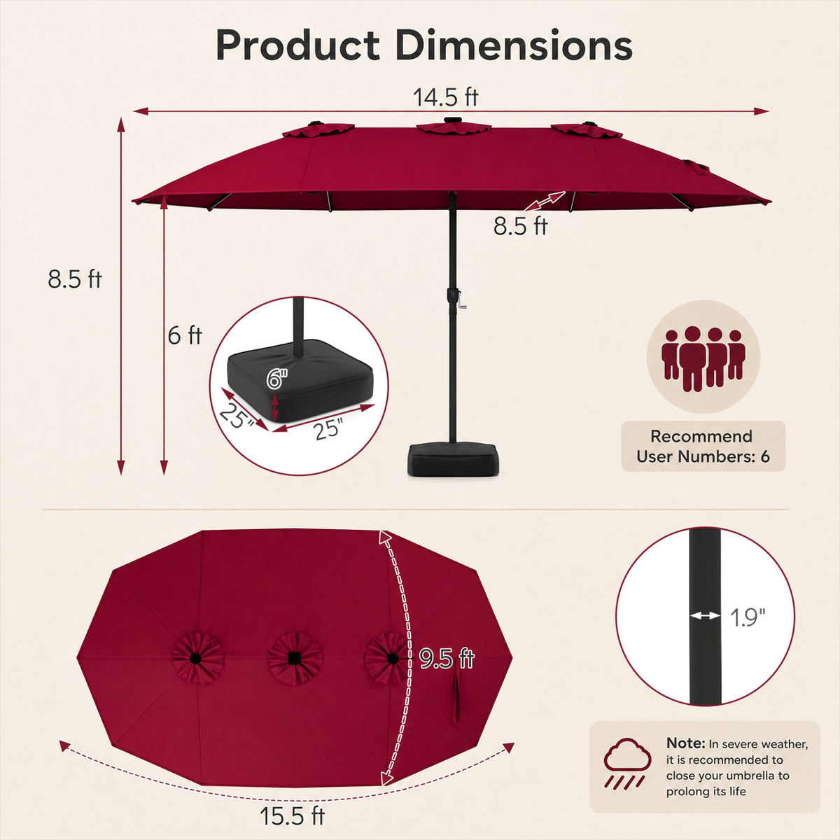 15.5FT Extra-Large Patio Umbrella with Base 12 Reinforced Ribs-Red view 5
