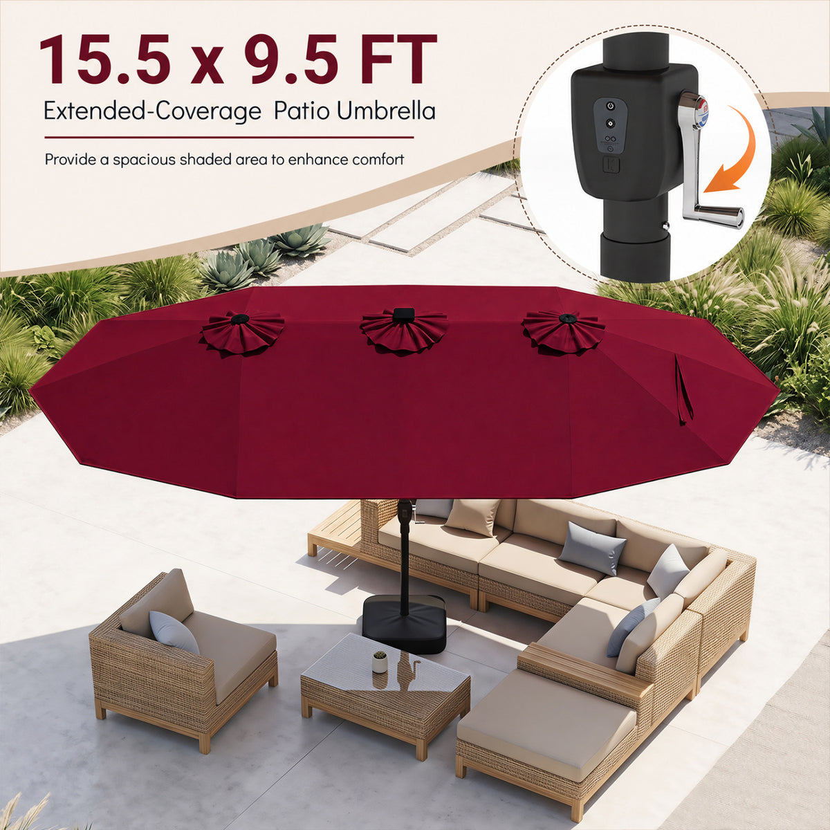 15.5FT Extra-Large Patio Umbrella with Base 12 Reinforced Ribs-Red view 8