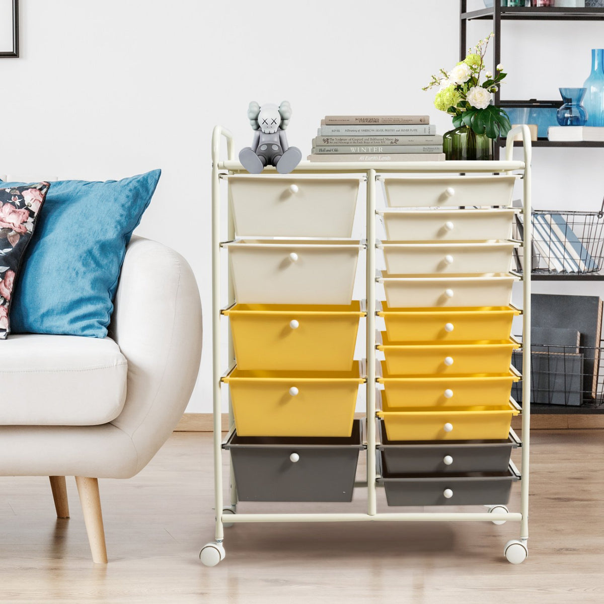 15-Drawer Storage Rolling Organizer Cart-Yellow view 2