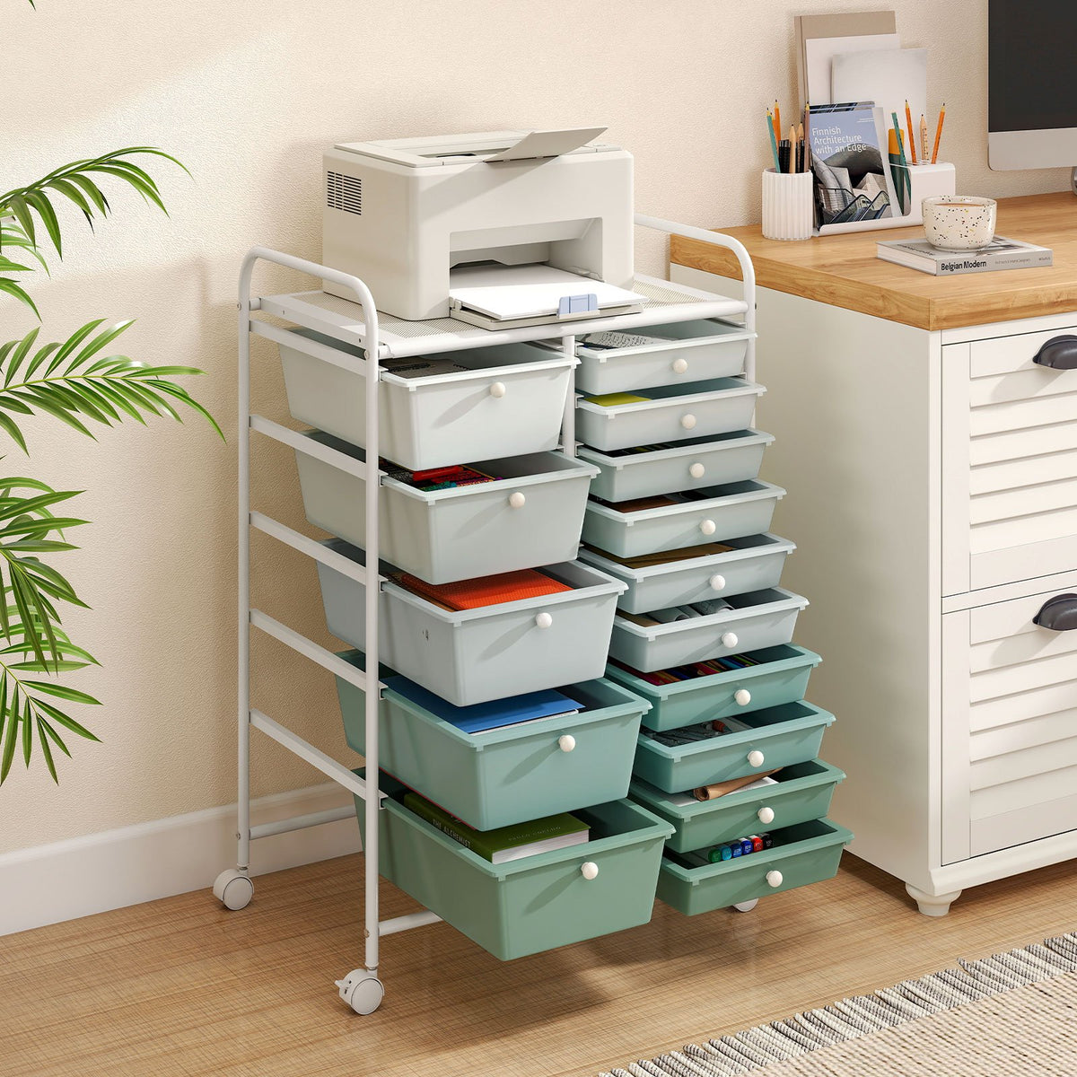 15-Drawer Utility Rolling Cart with Drawers Multi-Use Storage-Lime Green view 3