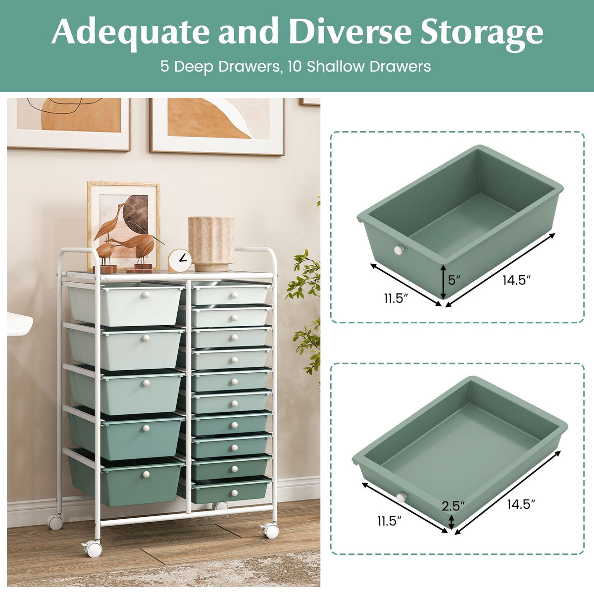 15-Drawer Utility Rolling Cart with Drawers Multi-Use Storage-Lime Green view 7