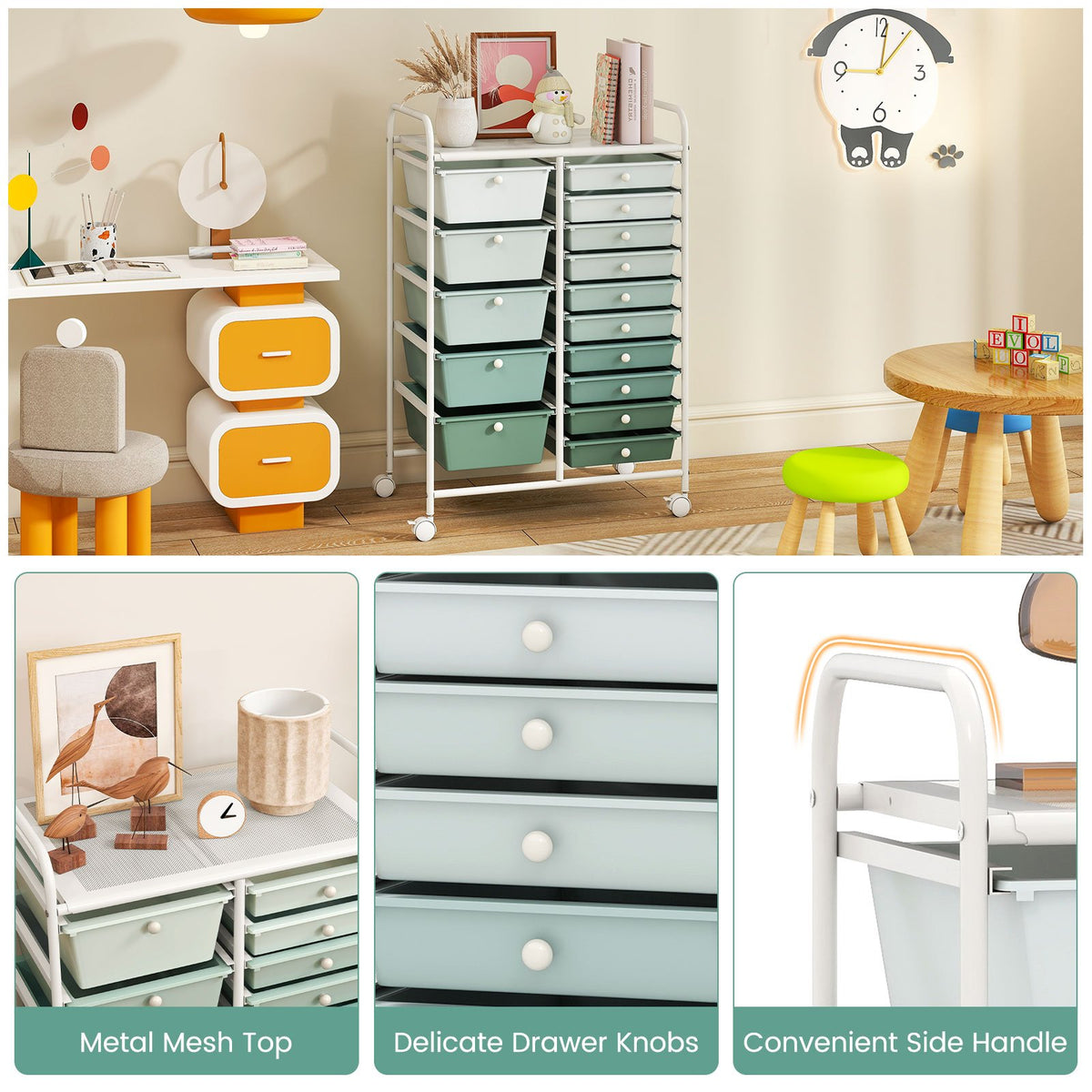 15-Drawer Utility Rolling Cart with Drawers Multi-Use Storage-Lime Green view 9