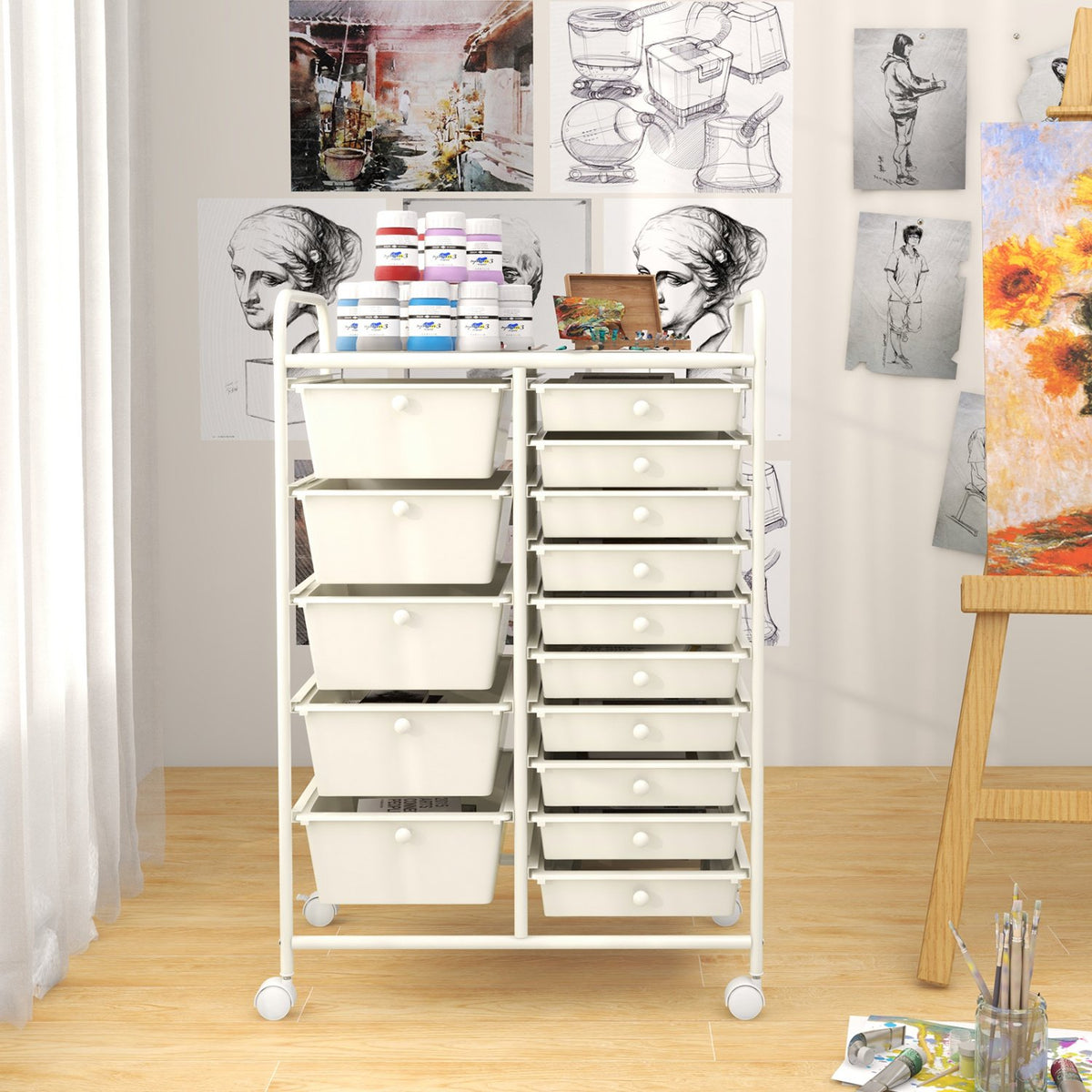 15-Drawer Utility Rolling Organizer Cart Multi-Use Storage-White view 6