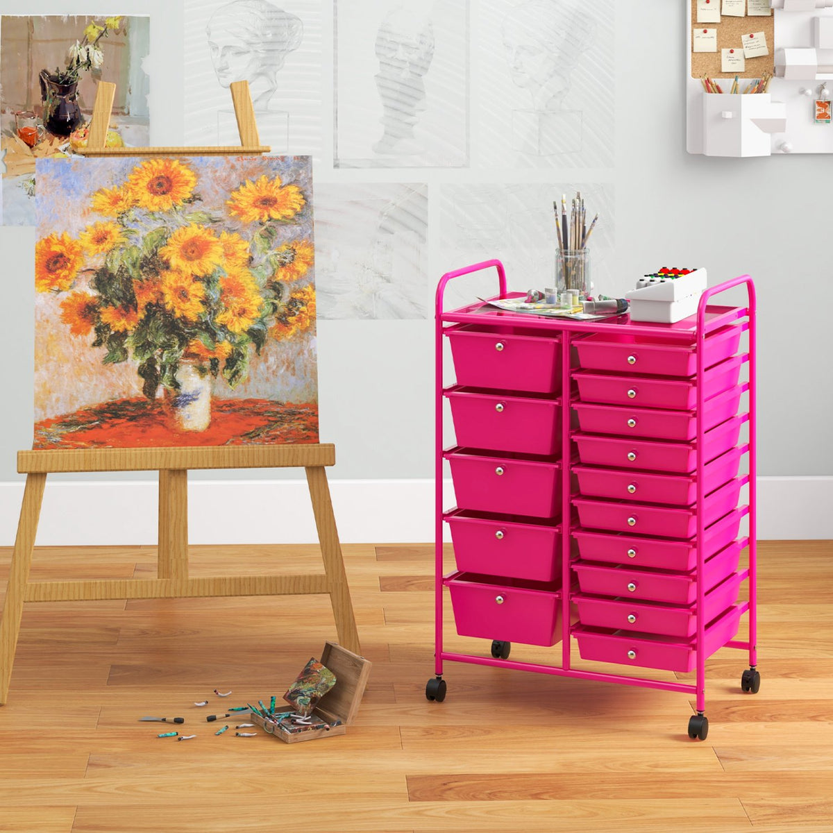 15-Drawer Utility Rolling Organizer Cart MultiUse Storage-Pink view 2