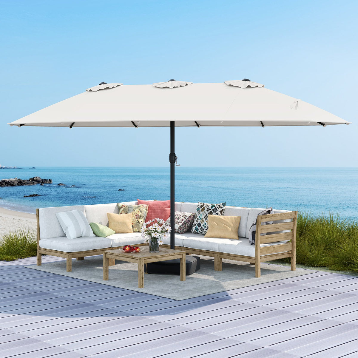 15 Feet Double-Sided Twin Patio Umbrella with Crank and Base Coffee in Outdoor Market-Beige view 3