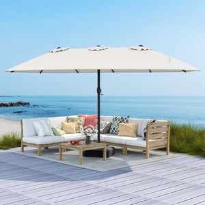 15 Feet Double-Sided Twin Patio Umbrella with Crank and Base Coffee in Outdoor Market-Beige view 3