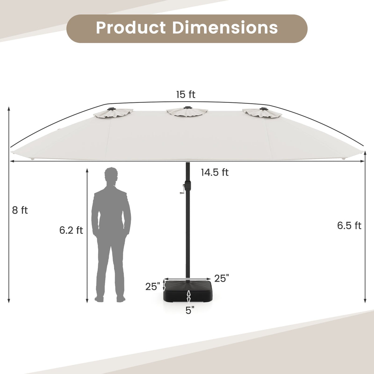 15 Feet Double-Sided Twin Patio Umbrella with Crank and Base Coffee in Outdoor Market-Beige view 5