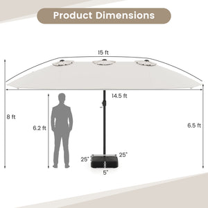 15 Feet Double-Sided Twin Patio Umbrella with Crank and Base Coffee in Outdoor Market-Beige view 5