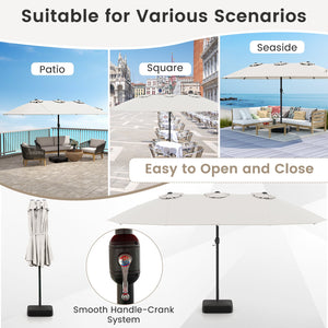 15 Feet Double-Sided Twin Patio Umbrella with Crank and Base Coffee in Outdoor Market-Beige view 9
