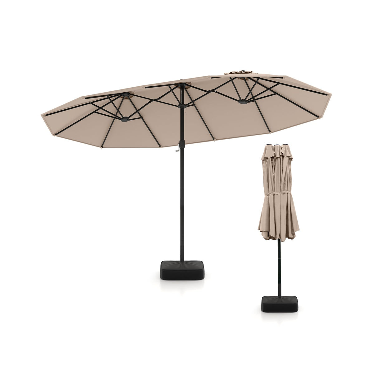15 Feet Double-Sided Twin Patio Umbrella with Crank and Base Coffee in Outdoor Market-Coffee