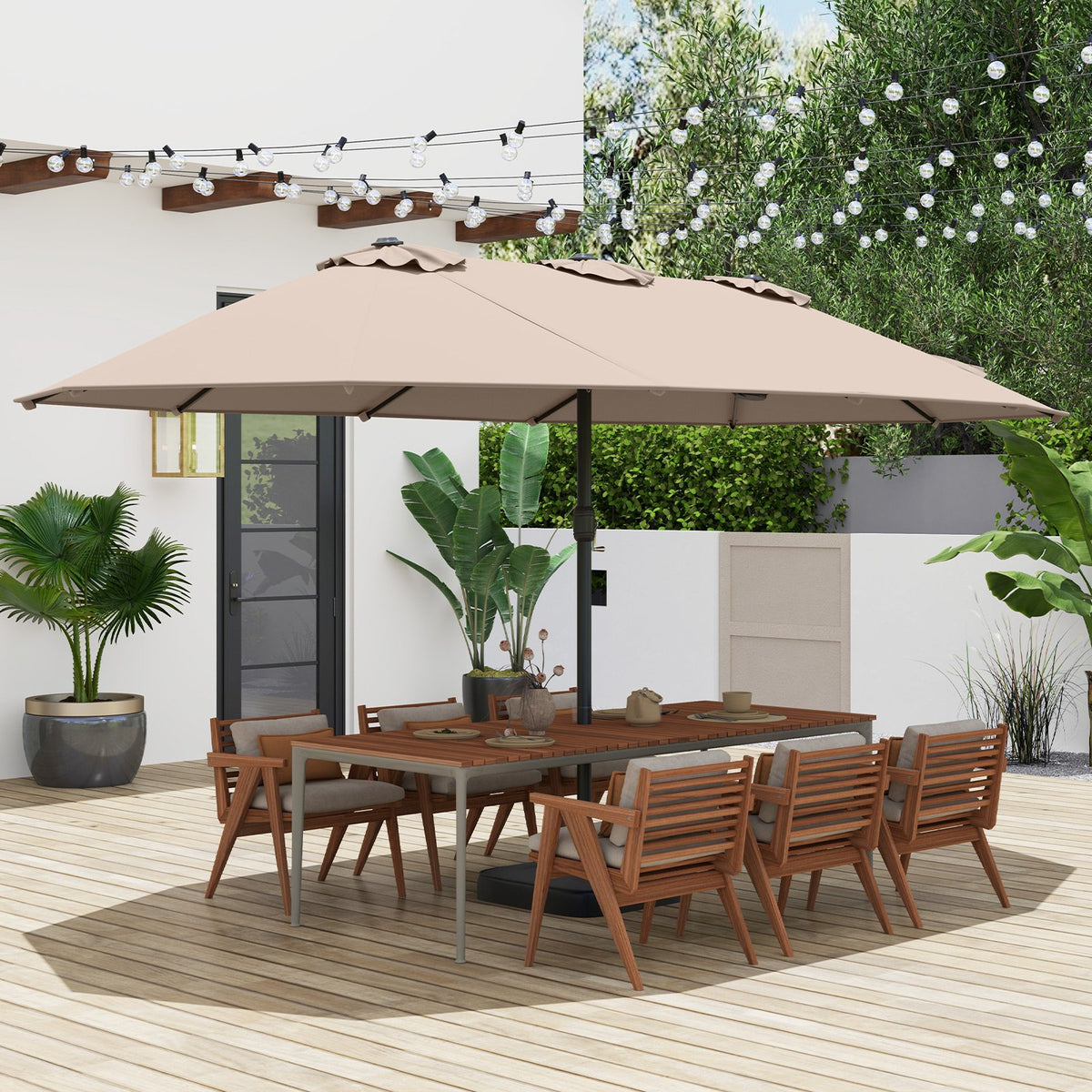 15 Feet Double-Sided Twin Patio Umbrella with Crank and Base Coffee in Outdoor Market-Coffee view 2