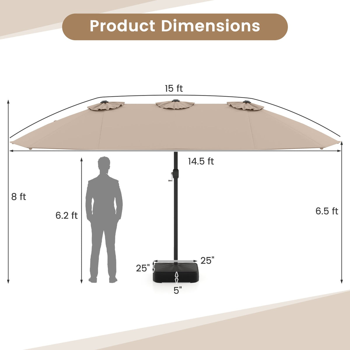15 Feet Double-Sided Twin Patio Umbrella with Crank and Base Coffee in Outdoor Market-Coffee view 5