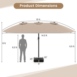 15 Feet Double-Sided Twin Patio Umbrella with Crank and Base Coffee in Outdoor Market-Coffee view 5