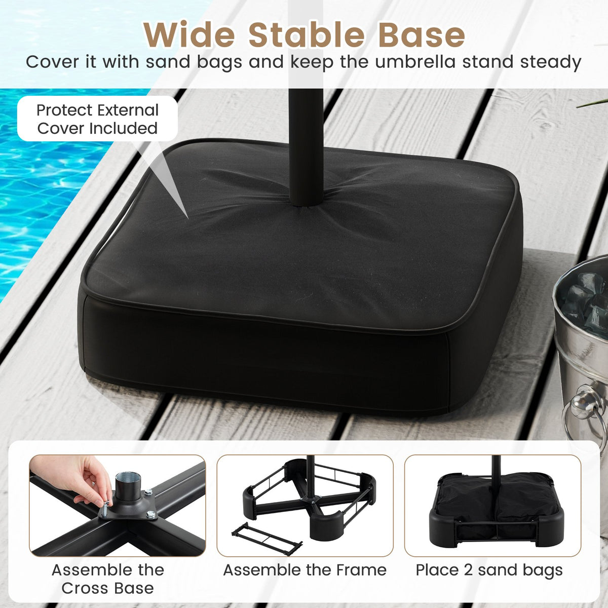 15 Feet Double-Sided Twin Patio Umbrella with Crank and Base Coffee in Outdoor Market-Coffee view 7