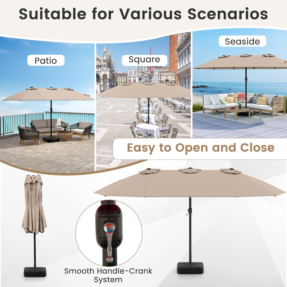 15 Feet Double-Sided Twin Patio Umbrella with Crank and Base Coffee in Outdoor Market-Coffee view 9