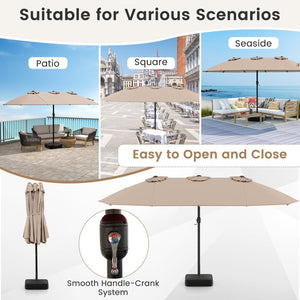 15 Feet Double-Sided Twin Patio Umbrella with Crank and Base Coffee in Outdoor Market-Coffee view 9