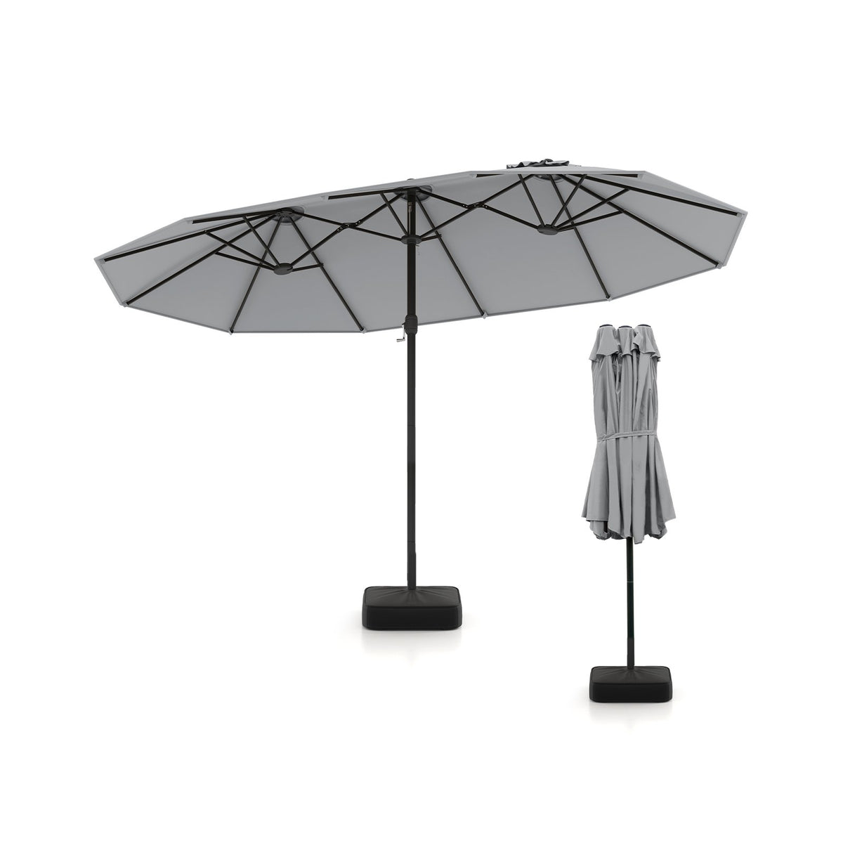 15 Feet Double-Sided Twin Patio Umbrella with Crank and Base Coffee in Outdoor Market-Gray