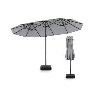 15 Feet Double-Sided Twin Patio Umbrella with Crank and Base Coffee in Outdoor Market-Gray