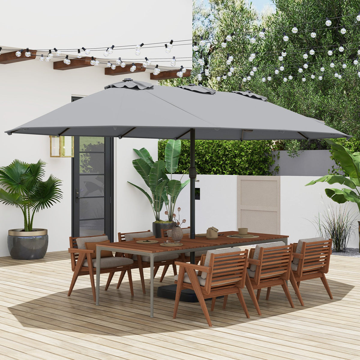 15 Feet Double-Sided Twin Patio Umbrella with Crank and Base Coffee in Outdoor Market-Gray view 2