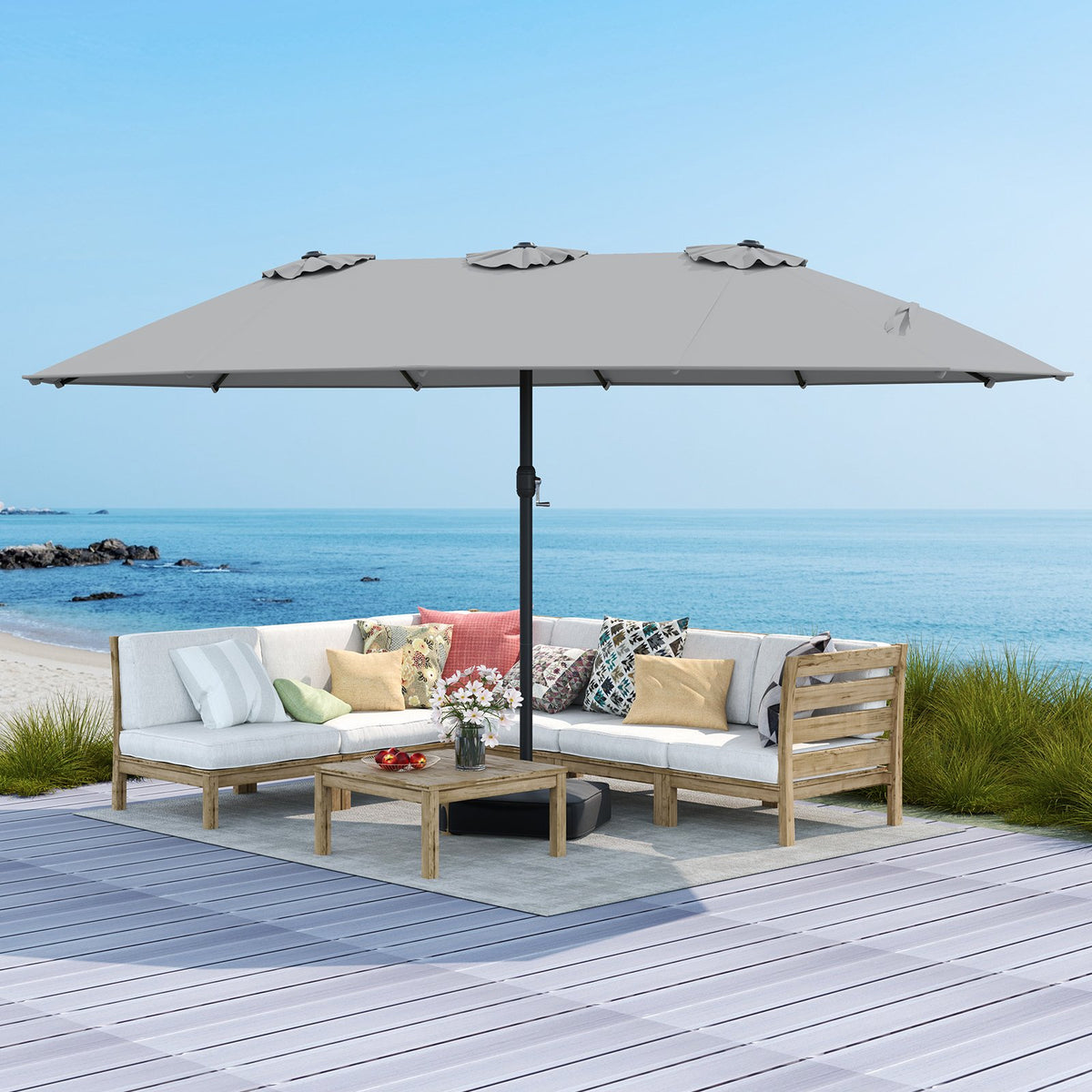 15 Feet Double-Sided Twin Patio Umbrella with Crank and Base Coffee in Outdoor Market-Gray view 3