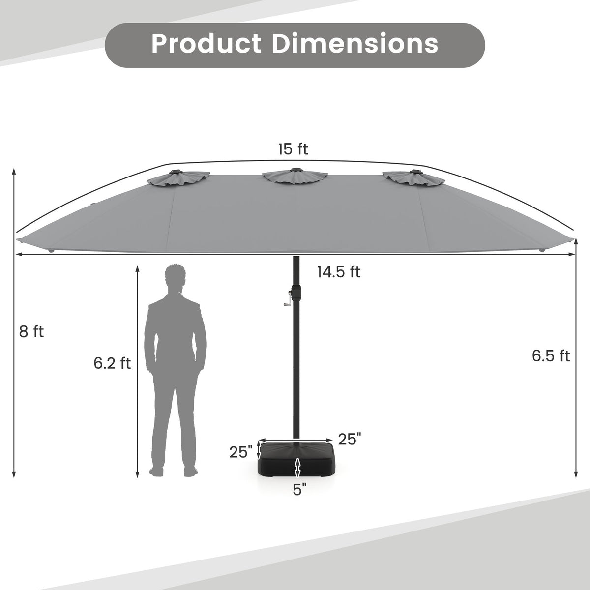 15 Feet Double-Sided Twin Patio Umbrella with Crank and Base Coffee in Outdoor Market-Gray view 5