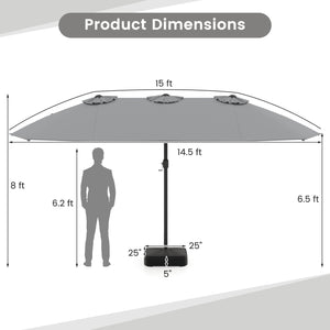 15 Feet Double-Sided Twin Patio Umbrella with Crank and Base Coffee in Outdoor Market-Gray view 5