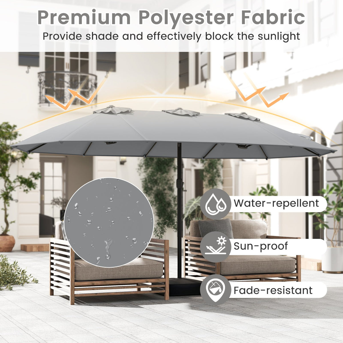 15 Feet Double-Sided Twin Patio Umbrella with Crank and Base Coffee in Outdoor Market-Gray view 6