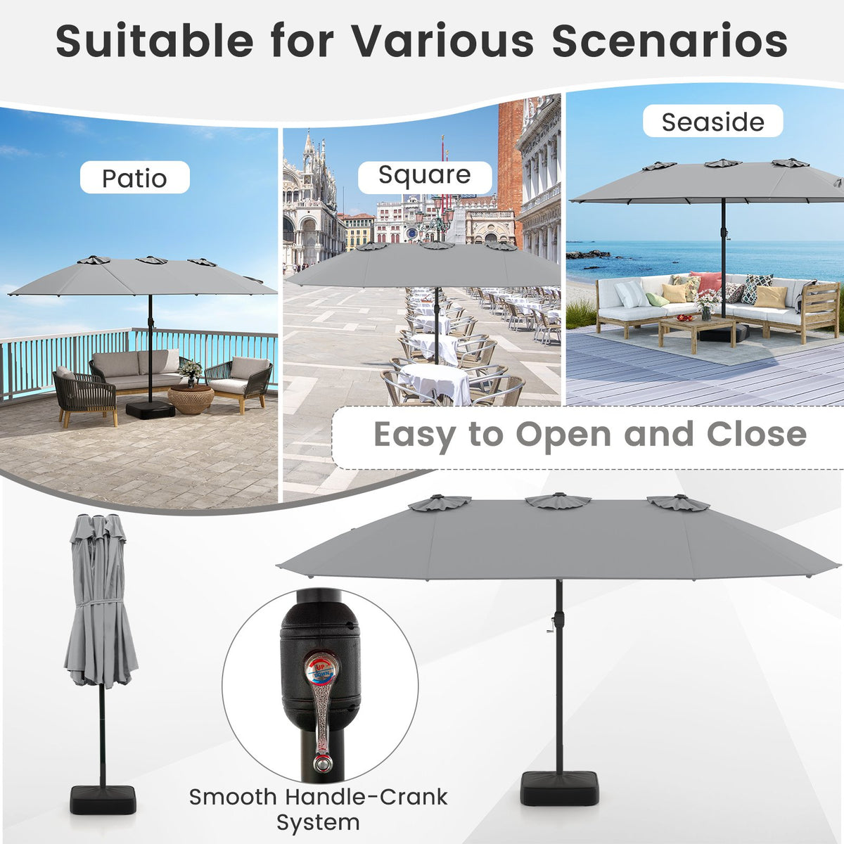 15 Feet Double-Sided Twin Patio Umbrella with Crank and Base Coffee in Outdoor Market-Gray view 9