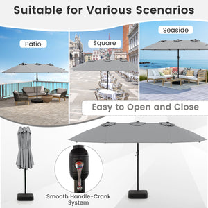 15 Feet Double-Sided Twin Patio Umbrella with Crank and Base Coffee in Outdoor Market-Gray view 9