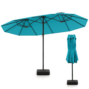 15 Feet Double-Sided Twin Patio Umbrella with Crank and Base Coffee in Outdoor Market-Turquoise