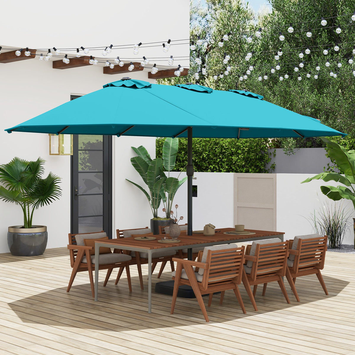 15 Feet Double-Sided Twin Patio Umbrella with Crank and Base Coffee in Outdoor Market-Turquoise view 2