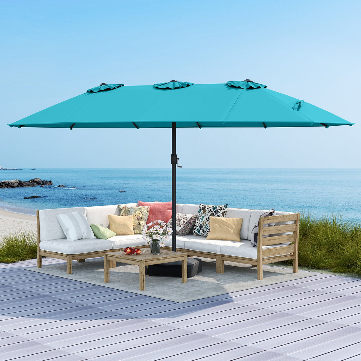 15 Feet Double-Sided Twin Patio Umbrella with Crank and Base Coffee in Outdoor Market-Turquoise view 3