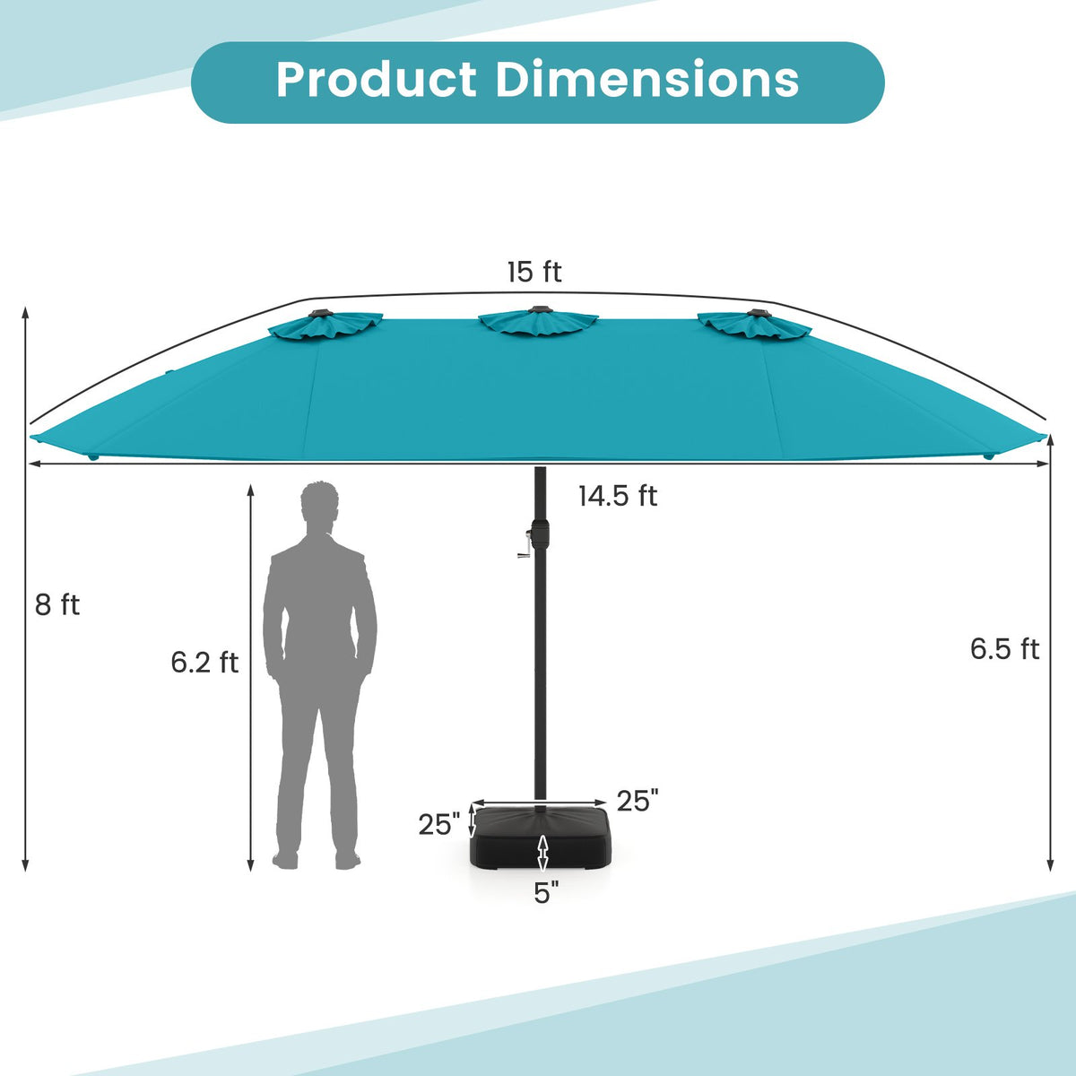 15 Feet Double-Sided Twin Patio Umbrella with Crank and Base Coffee in Outdoor Market-Turquoise view 5