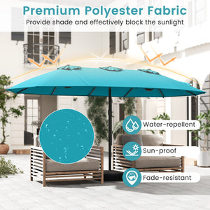 15 Feet Double-Sided Twin Patio Umbrella with Crank and Base Coffee in Outdoor Market-Turquoise view 6