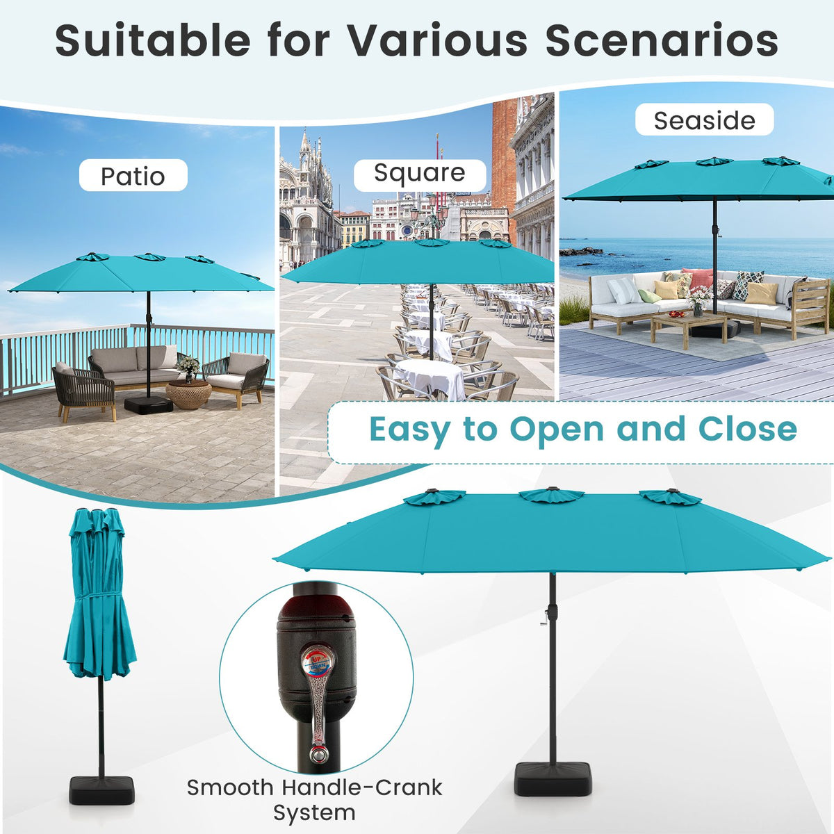 15 Feet Double-Sided Twin Patio Umbrella with Crank and Base Coffee in Outdoor Market-Turquoise view 9