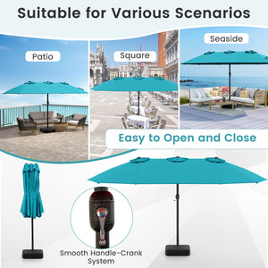 15 Feet Double-Sided Twin Patio Umbrella with Crank and Base Coffee in Outdoor Market-Turquoise view 9