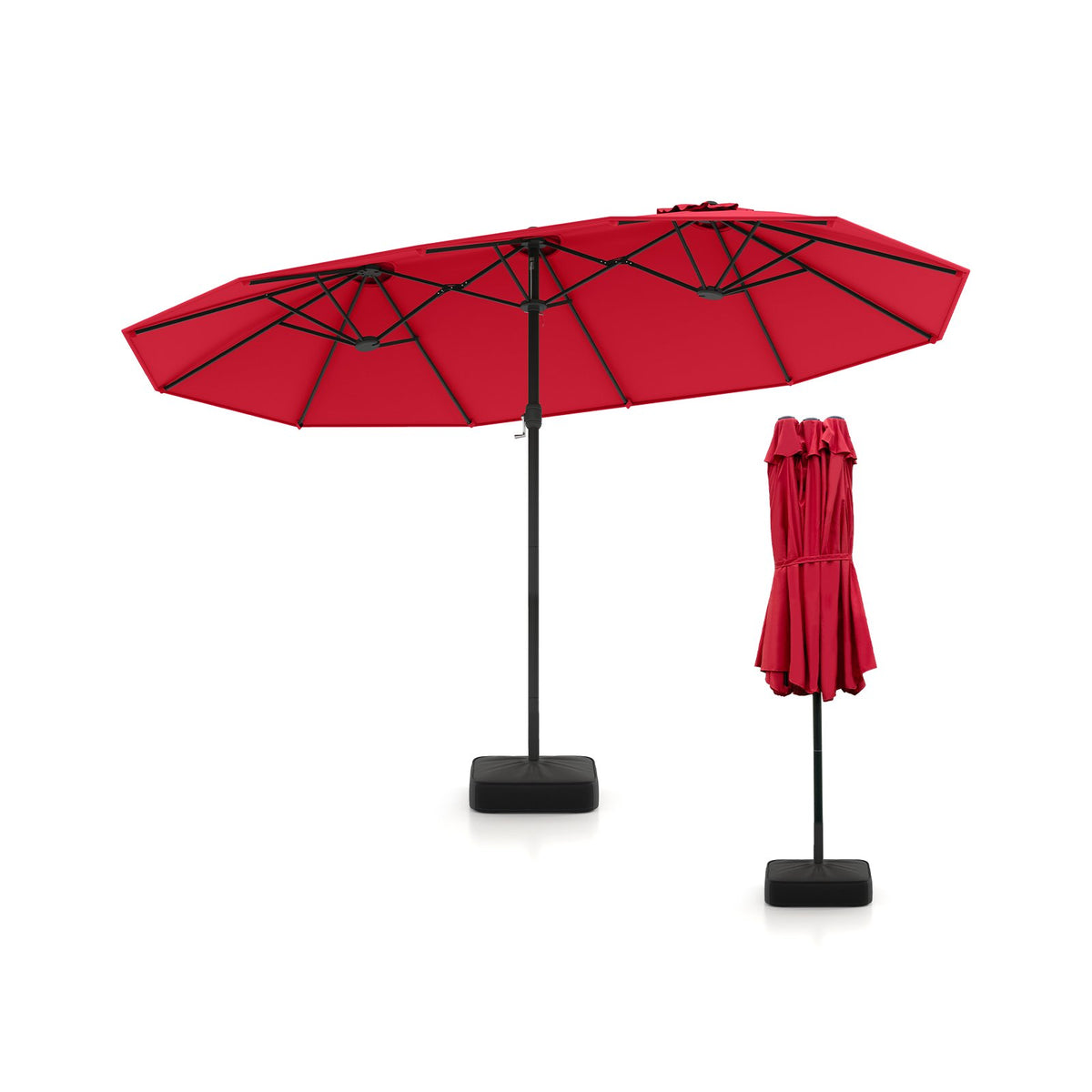 15 Feet Double-Sided Twin Patio Umbrella with Crank and Base Coffee in Outdoor Market-Wine
