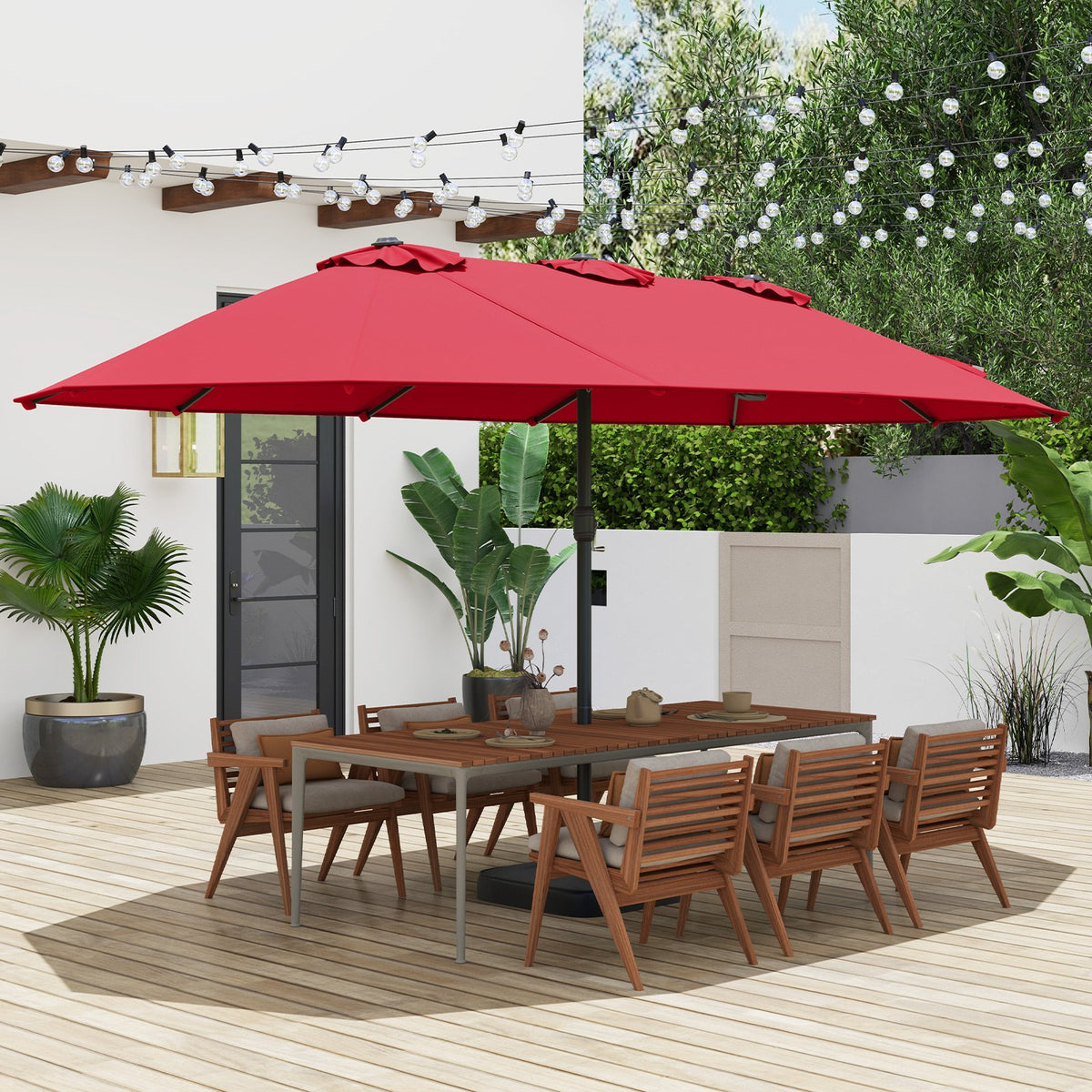 15 Feet Double-Sided Twin Patio Umbrella with Crank and Base Coffee in Outdoor Market-Wine view 2