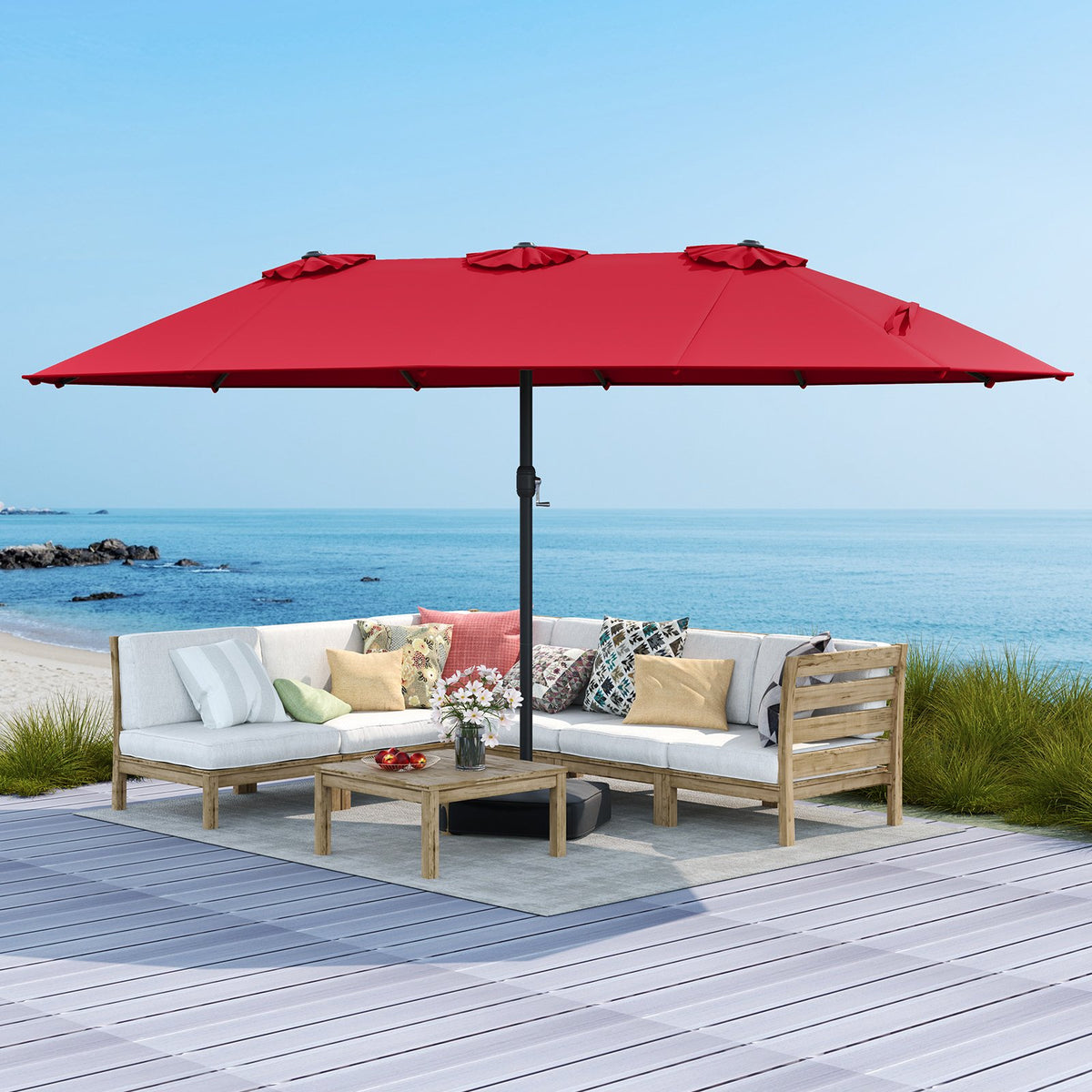 15 Feet Double-Sided Twin Patio Umbrella with Crank and Base Coffee in Outdoor Market-Wine view 3