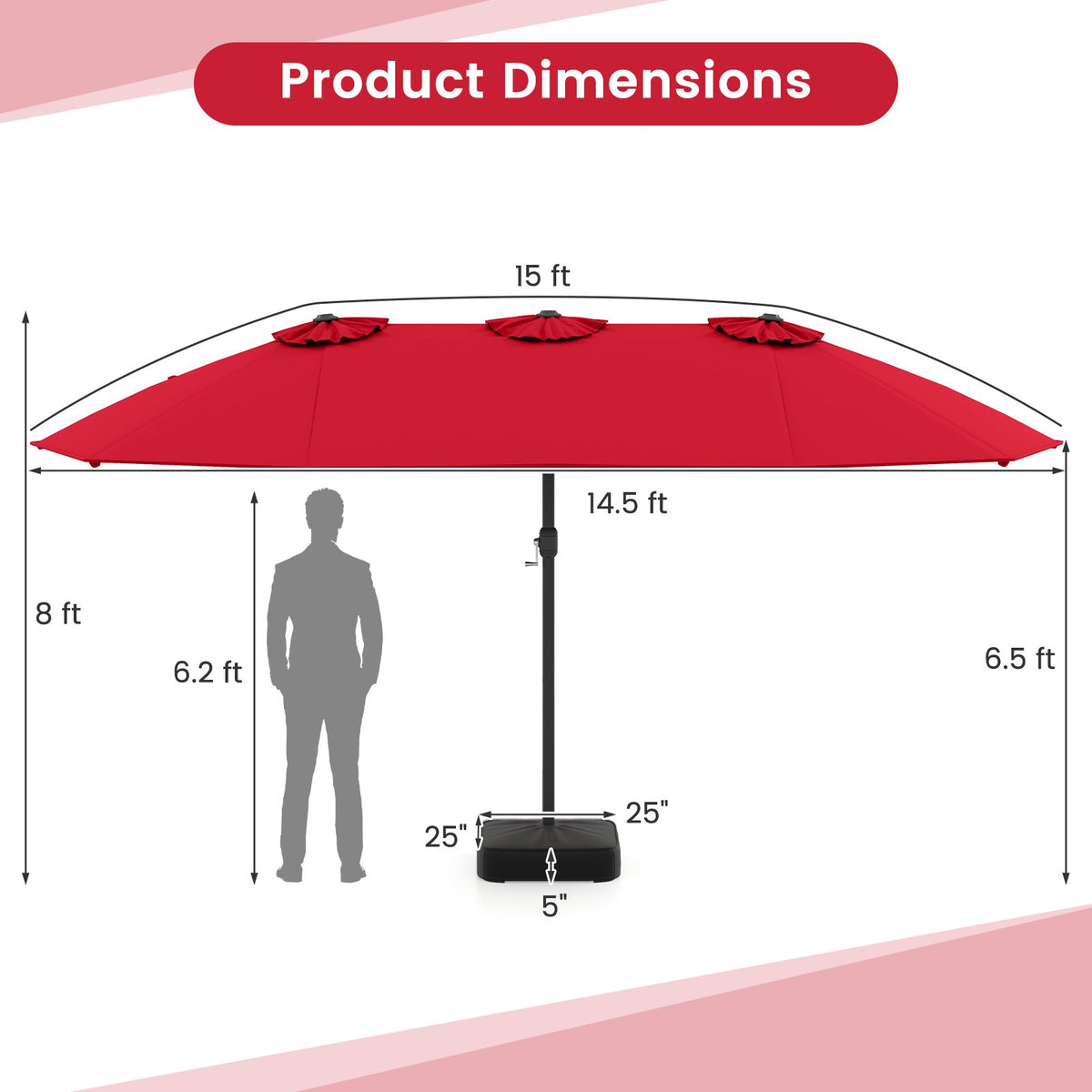 15 Feet Double-Sided Twin Patio Umbrella with Crank and Base Coffee in Outdoor Market-Wine view 5