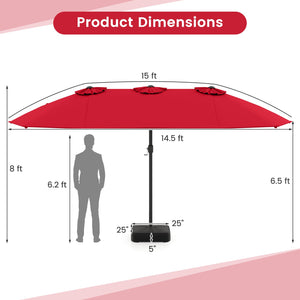 15 Feet Double-Sided Twin Patio Umbrella with Crank and Base Coffee in Outdoor Market-Wine view 5
